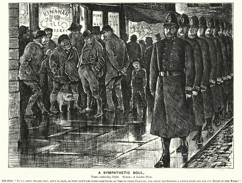 Punch cartoon: Een sympathieke ziel - politie in de sloppenwijken van Londen door George (after) Du Maurier