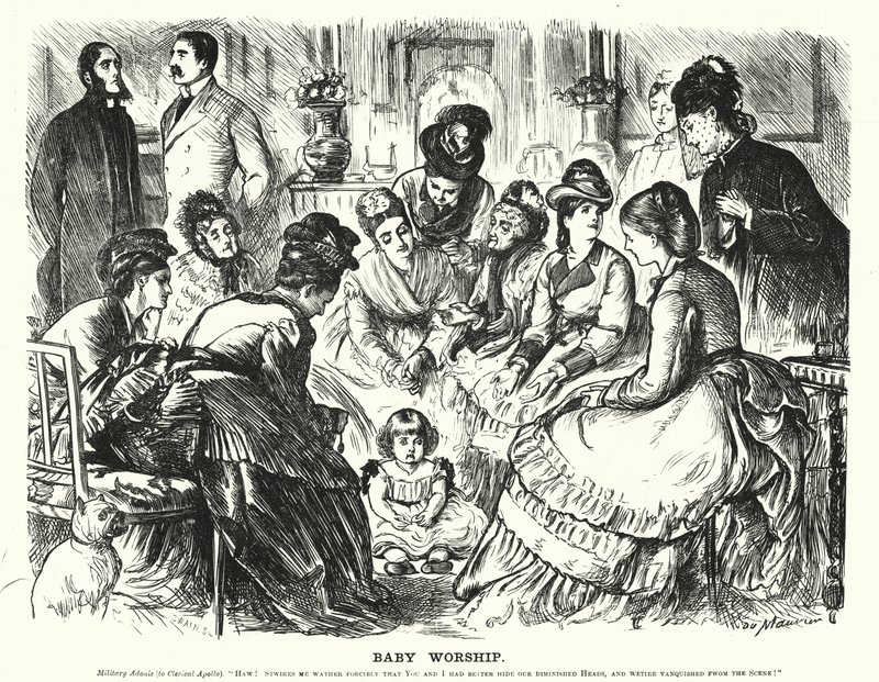 Punch cartoon: Baby Aanbidding (gravure) door George (after) Du Maurier
