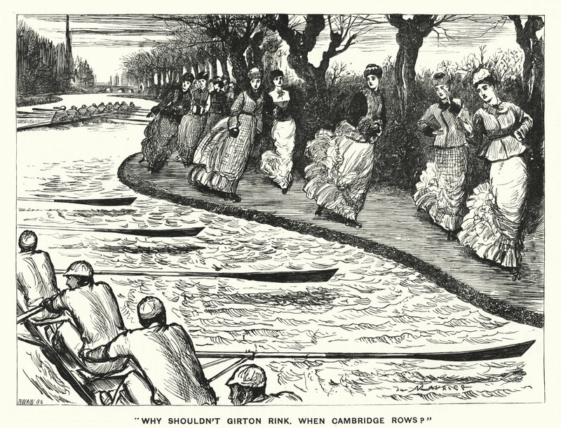 Punch cartoon: Waarom zou Girton niet schaatsen als Cambridge roeit? door George (after) Du Maurier