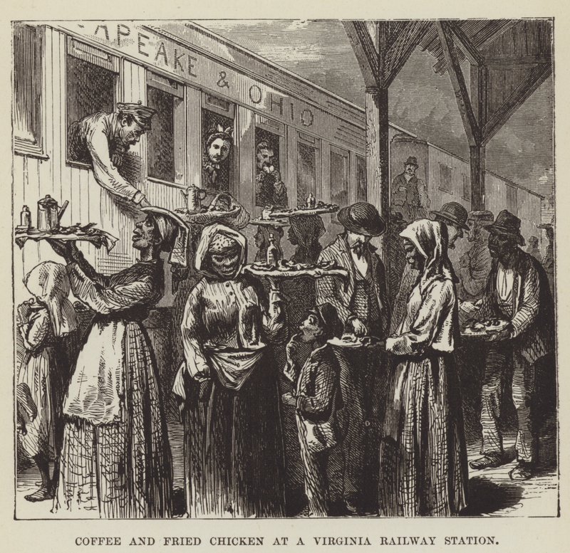 Koffie en gebakken kip op een treinstation in Virginia door George Augustus Sala