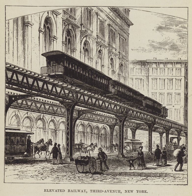 Verhoogde spoorweg, Third Avenue, New York door George Augustus Sala