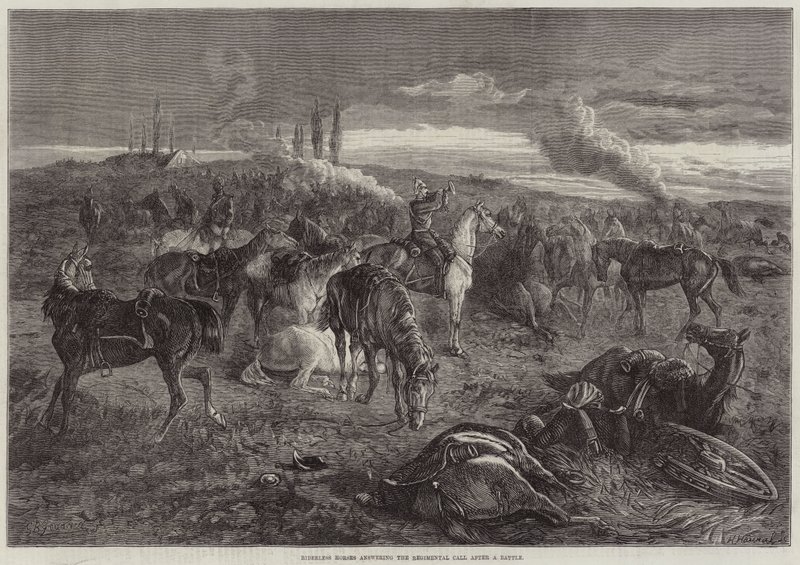 Ruiterloze Paarden die reageren op de Regimentsoproep na een Slag door George Bouverie Goddard