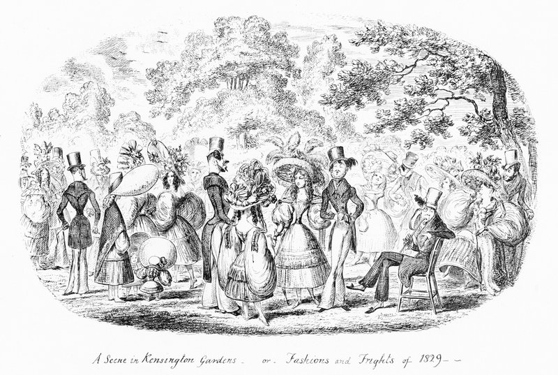 Een scène in Kensington Gardens, of mode en angsten van 1829 door George Cruikshank