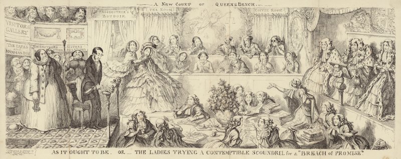 Een satirische cartoon van de Queens Bench door George Cruikshank