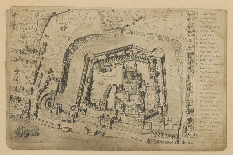 Een uitzicht op de Tower of London in 1553 door George Cruikshank