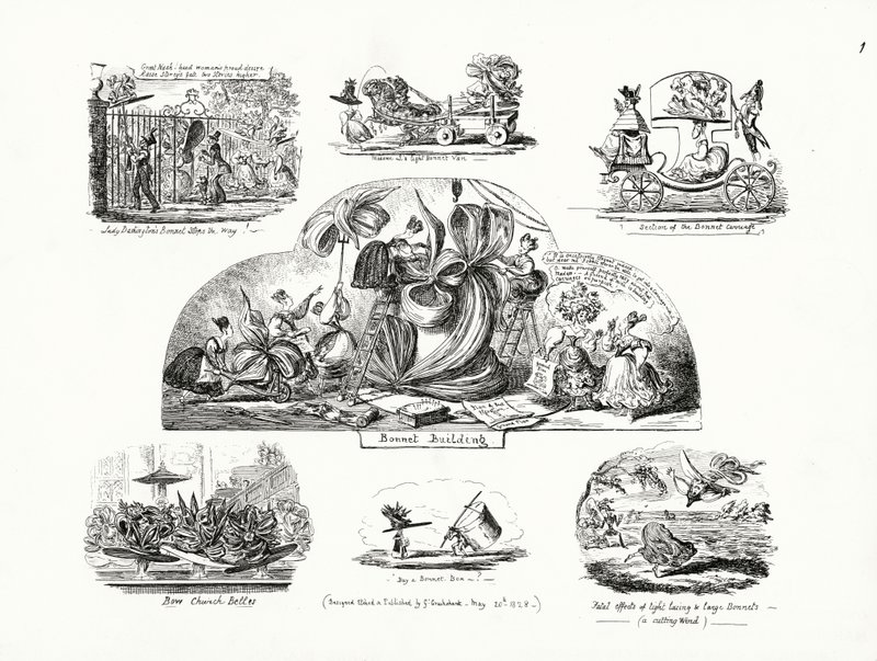 Cartoons door George Cruikshank over het thema van buitenproportionele dameshoeden door George Cruikshank