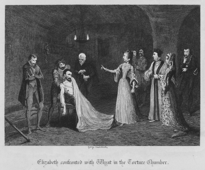 Elizabeth geconfronteerd met Wyat in de martelkamer door George Cruikshank