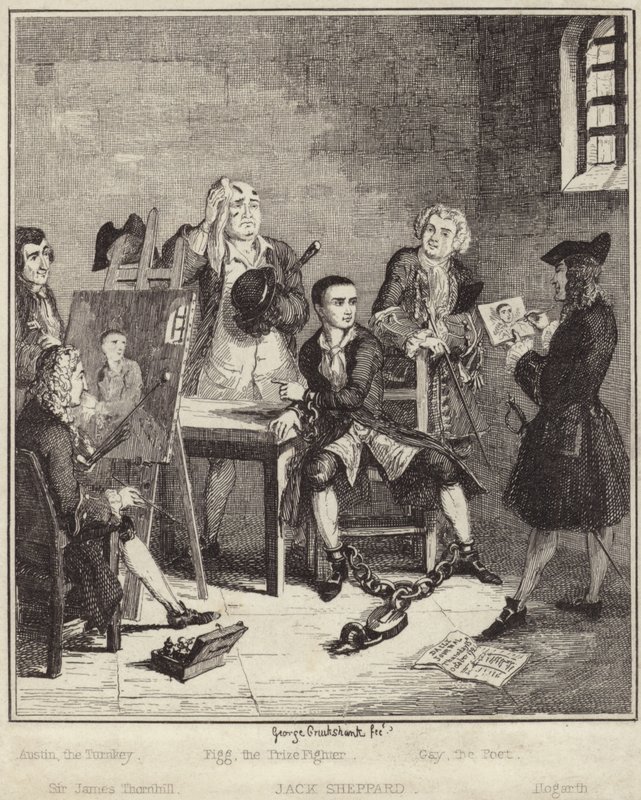 Jack Sheppard laat zijn portret schilderen door Sir James Thornhill in de gevangenis door George Cruikshank