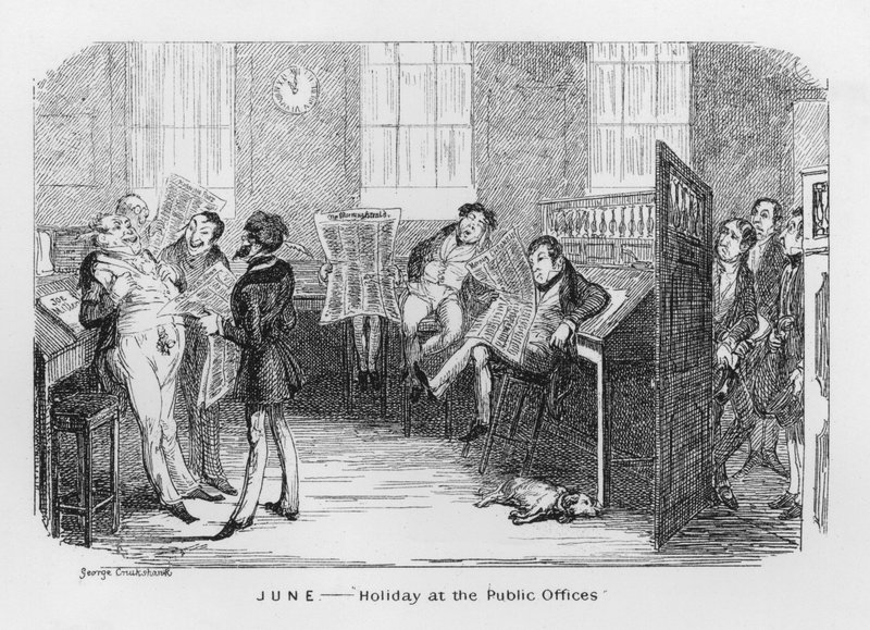 Juni, Vakantie bij de Publieke Kantoren (gravure) door George Cruikshank