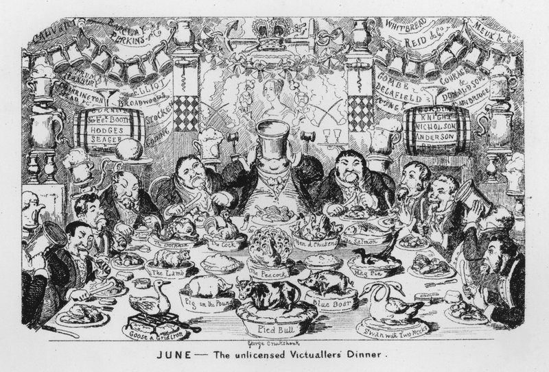 Juni, het diner van de ongeoorloofde herbergiers door George Cruikshank