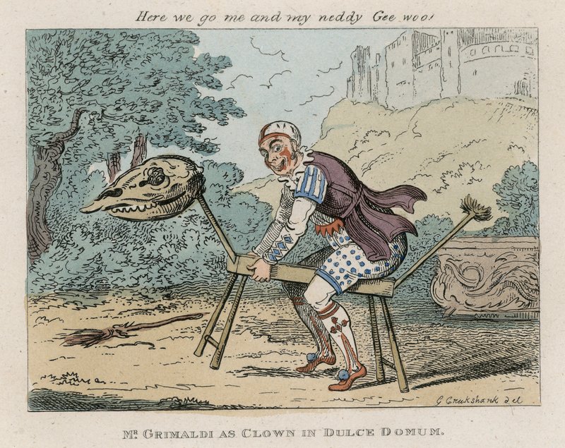 Mr Joseph Grimaldi als Clown in Dulce Domum door George Cruikshank