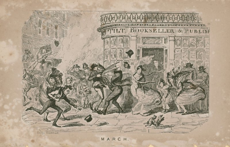 Mensen vechten tegen de harde wind door George Cruikshank
