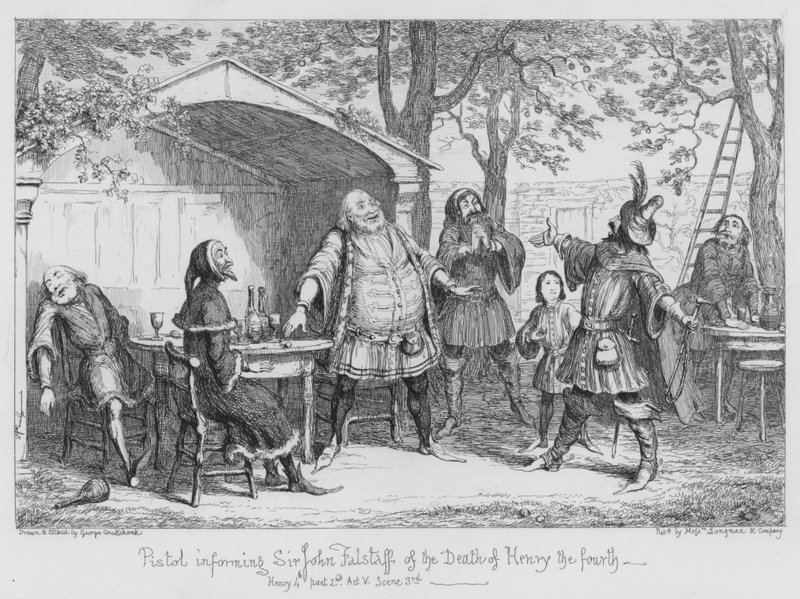 Pistool informeert Sir John Falstaff over de Dood van Hendrik de Vierde door George Cruikshank