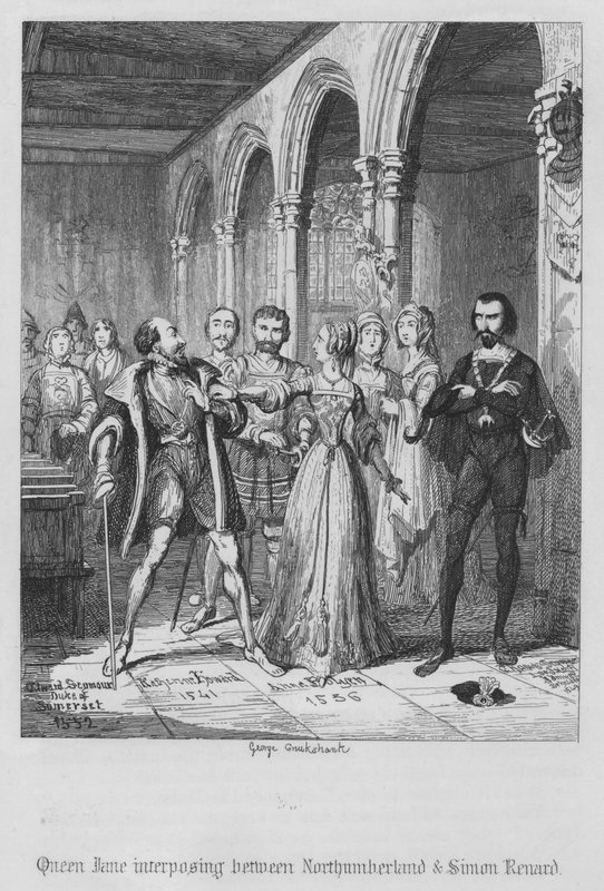 Koningin Jane tussen Northumberland en Simon Renard (gravure) door George Cruikshank