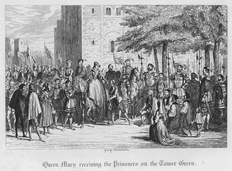 Koningin Mary ontvangt de gevangenen op de Tower Green (gravure) door George Cruikshank