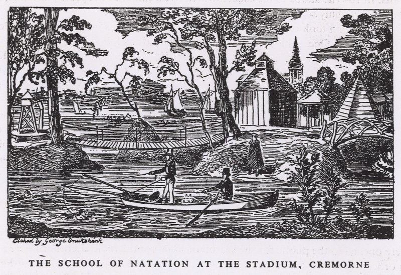 De zwemschool in het stadion, Cremorne Gardens door George Cruikshank