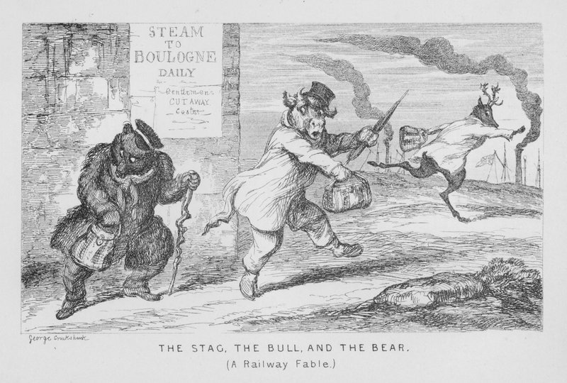 Het hert, de stier en de beer, een spoorwegfabel door George Cruikshank