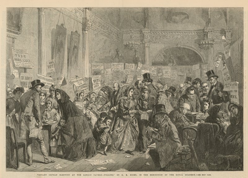 Verkiezing van een weeskind in de London Tavern (gravure) door George Elgar Hicks
