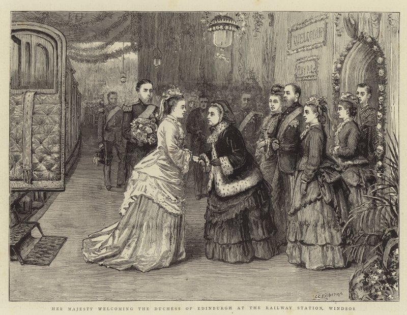 Hare Majesteit verwelkomt de hertogin van Edinburgh op het treinstation, Windsor door George Goodwin Kilburne