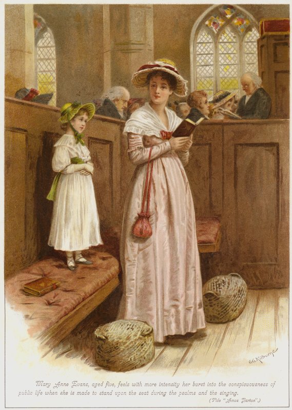Mary Anne Evans, vijf jaar oud, voelt met meer intensiteit haar doorbraak in het publieke leven wanneer ze tijdens de psalmen en het zingen op de stoel moet staan door George Goodwin Kilburne
