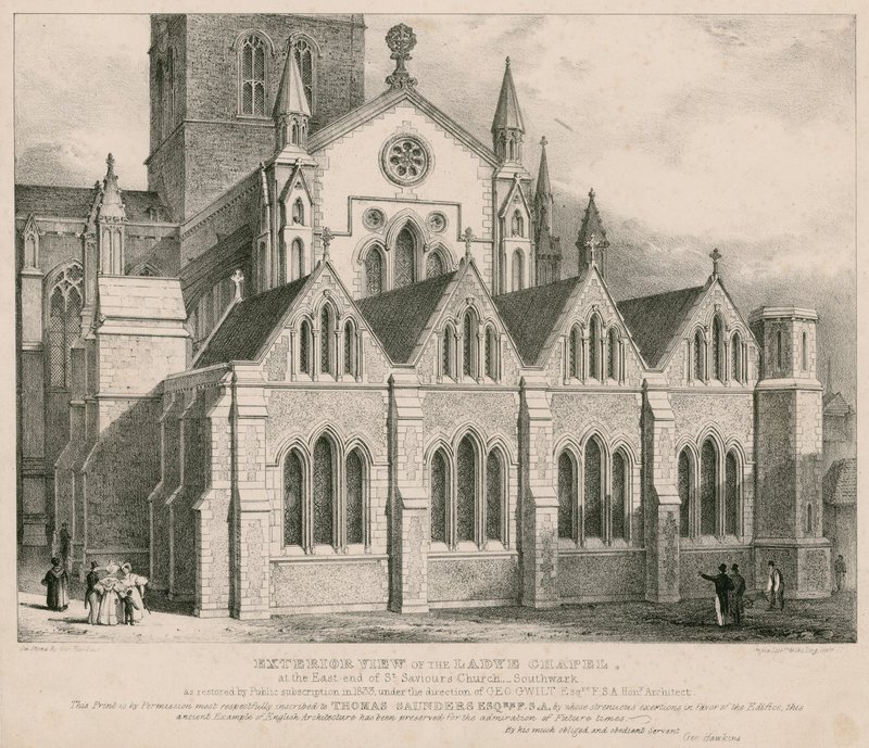 Buitenaanzicht van de Ladye Chapel aan het oostelijke uiteinde van St Saviour