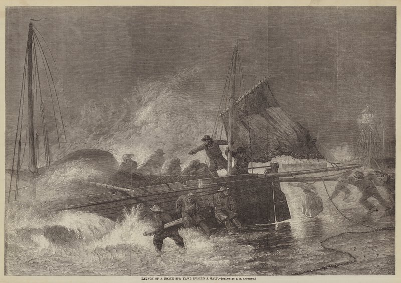 Lancering van een Noordzee Jacht tijdens een Storm door George Henry Andrews