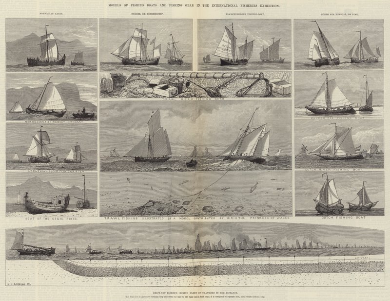 Modellen van vissersboten en visgerei in de Internationale Visserij Tentoonstelling door George Henry Andrews