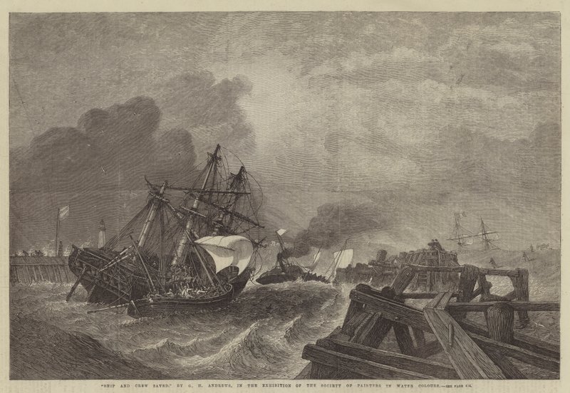 Schip en bemanning gered, in de tentoonstelling van de Society of Painters in Water Colours door George Henry Andrews