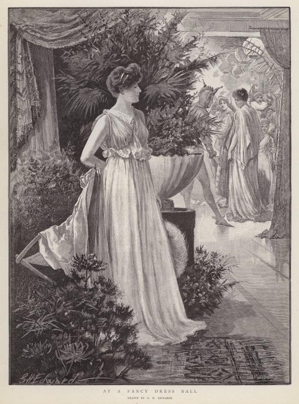 Op een gemaskerd bal (litho) door George Henry Edwards