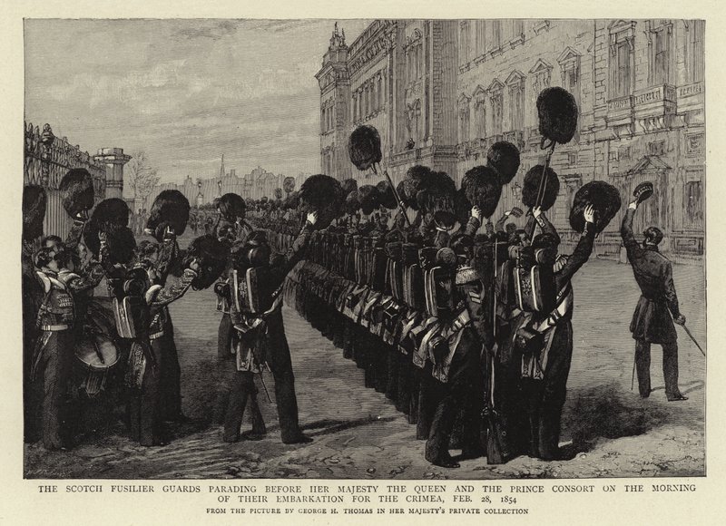 De Schotse Fusilier Guards paraderen voor Hare Majesteit de Koningin en de Prins-gemaal op de ochtend van hun inscheping naar de Krim, 28 februari 1854 door George Housman Thomas