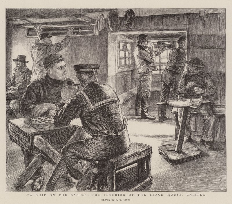 Een schip op het zand, het interieur van het strandhuis, Caister door George Kingston Jones