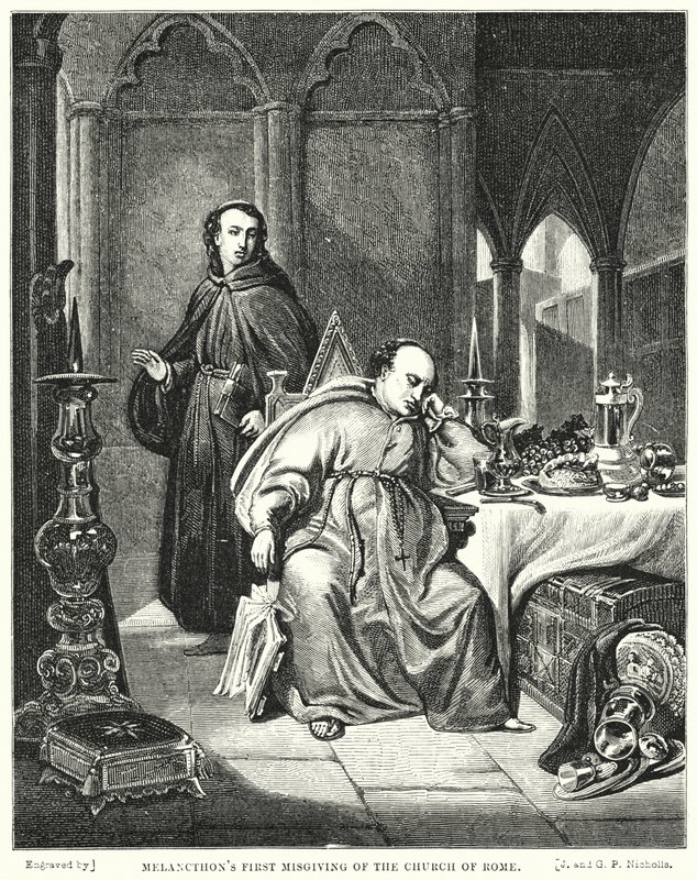 Melanchthons eerste twijfel aan de kerk van Rome (gravure) door George Lance