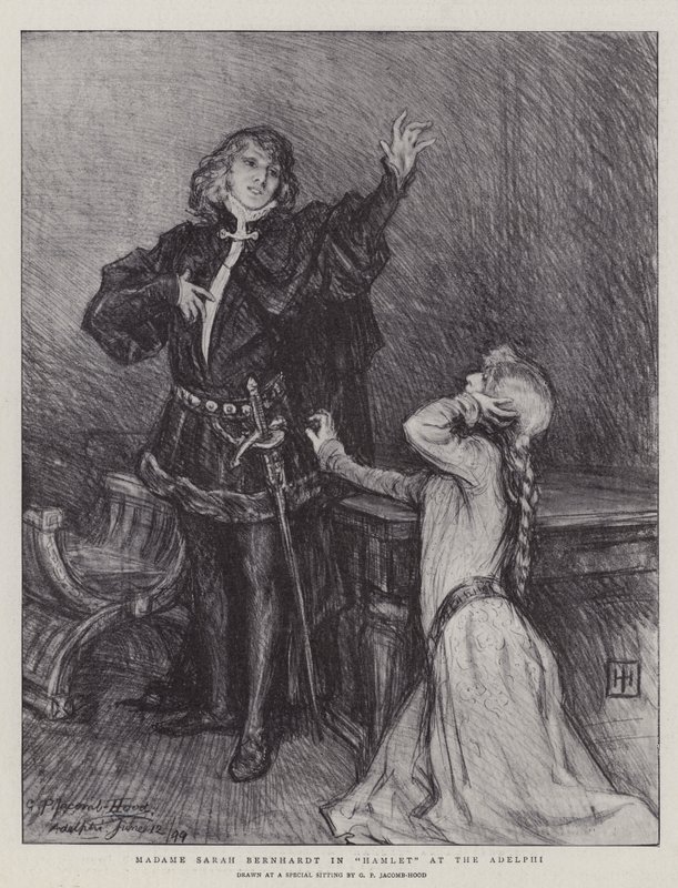 Madame Sarah Bernhardt in Hamlet in het Adelphi door George Percy Jacomb Hood