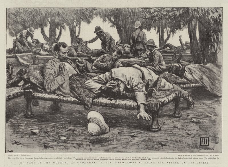 De zorg voor de gewonden in Omdurman, in het veldhospitaal na de aanval op de Zeriba door George Percy Jacomb Hood