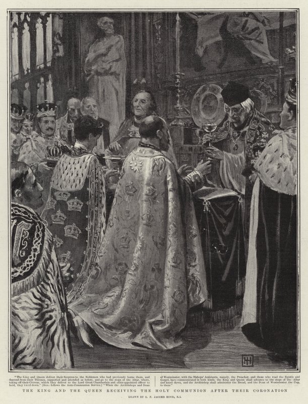 De koning en koningin ontvangen de Heilige Communie na hun kroning door George Percy Jacomb Hood