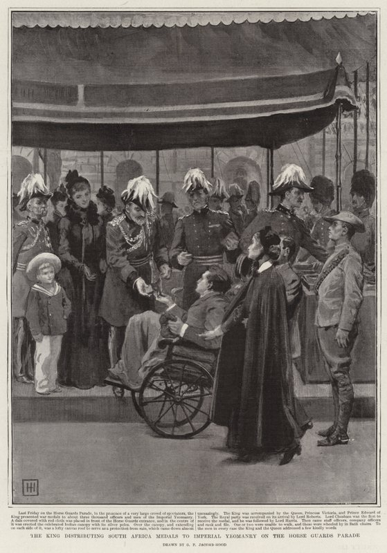 De Koning deelt Zuid-Afrika Medailles uit aan de Imperial Yeomanry op de Horse Guards Parade door George Percy Jacomb Hood