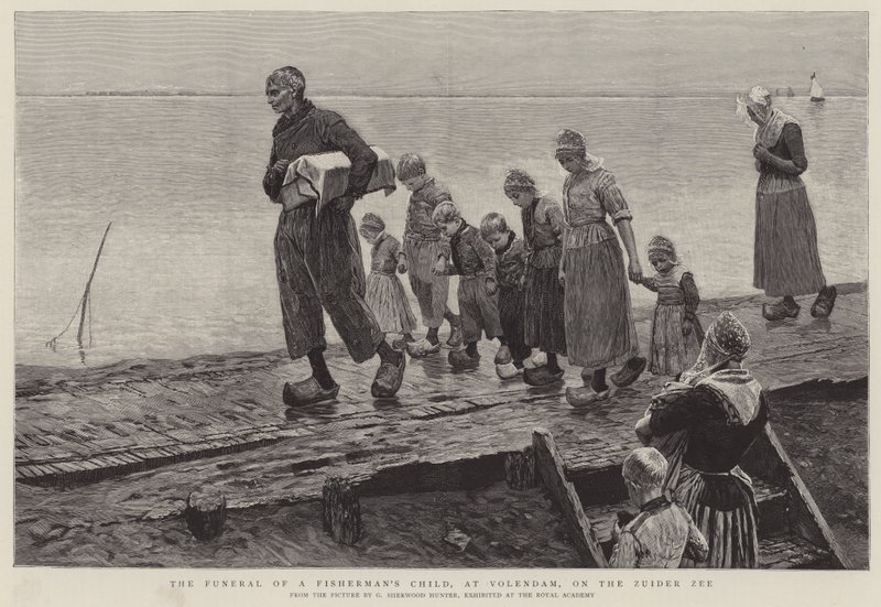 De begrafenis van een visserskind, in Volendam, aan de Zuiderzee door George Sherwood Hunter
