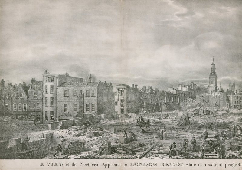 Een uitzicht op de noordelijke benadering van de London Bridge tijdens de bouw door George the Elder Scharf