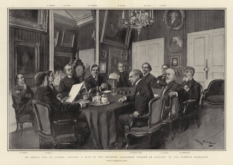 Een Beproeving voor een Auteur, een Toneelstuk voorlezen aan het onlangs afgeschafte Comite de Lecture van de Comedie Francaise door Georges Bertin Scott