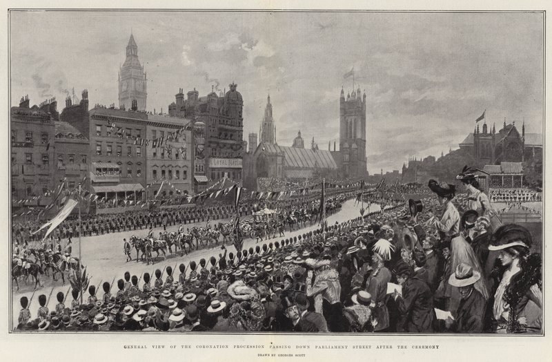 Algemeen Uitzicht op de Kroningsprocessie die Parliament Street passeert na de Ceremonie door Georges Bertin Scott
