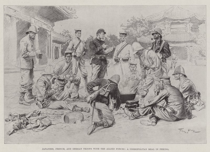 Japanse, Franse en Duitse troepen met de geallieerde strijdkrachten, een kosmopolitische maaltijd in Peking door Georges Bertin Scott