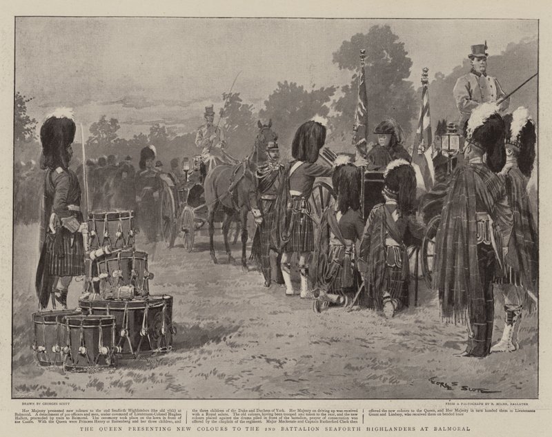 De Koningin presenteert nieuwe kleuren aan het 2e Bataljon Seaforth Highlanders in Balmoral door Georges Bertin Scott