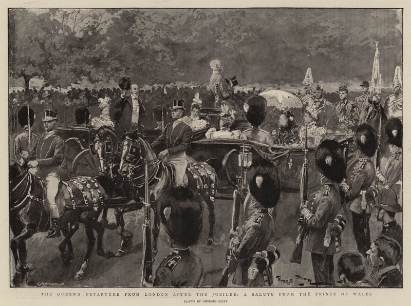 Het vertrek van de koningin uit Londen na het jubileum, een saluut van de prins van Wales door Georges Bertin Scott