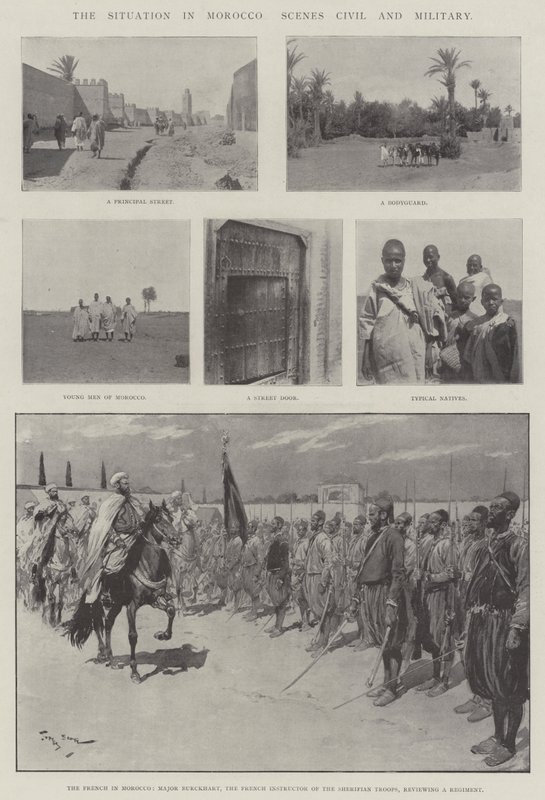 De situatie in Marokko, civiele en militaire scènes door Georges Bertin Scott