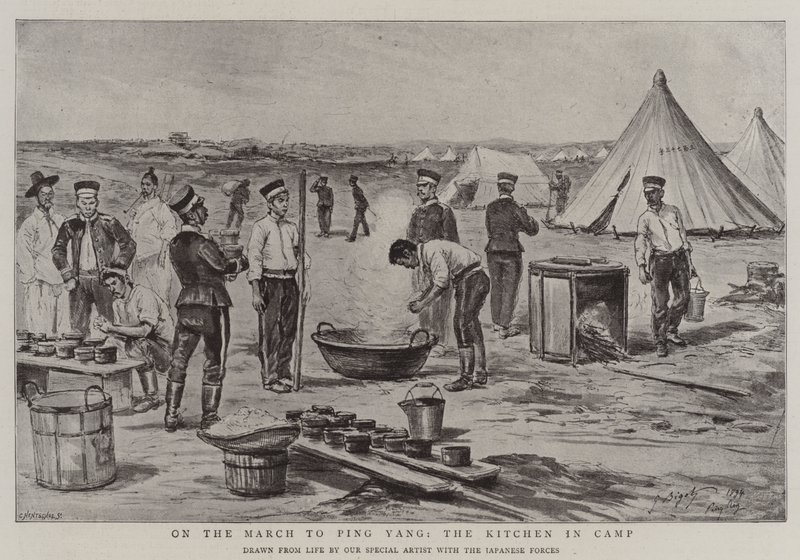 Op mars naar Ping Yang, de keuken in het kamp door Georges Ferdinand Bigot