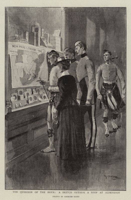 De Vraag van het Uur, een Schets buiten een Winkel in Aldershot door Georges Bertin Scott