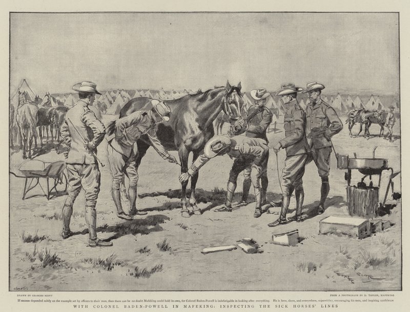 Met kolonel Baden-Powell in Mafeking, inspectie van de zieke paardenlijnen door Georges Bertin Scott