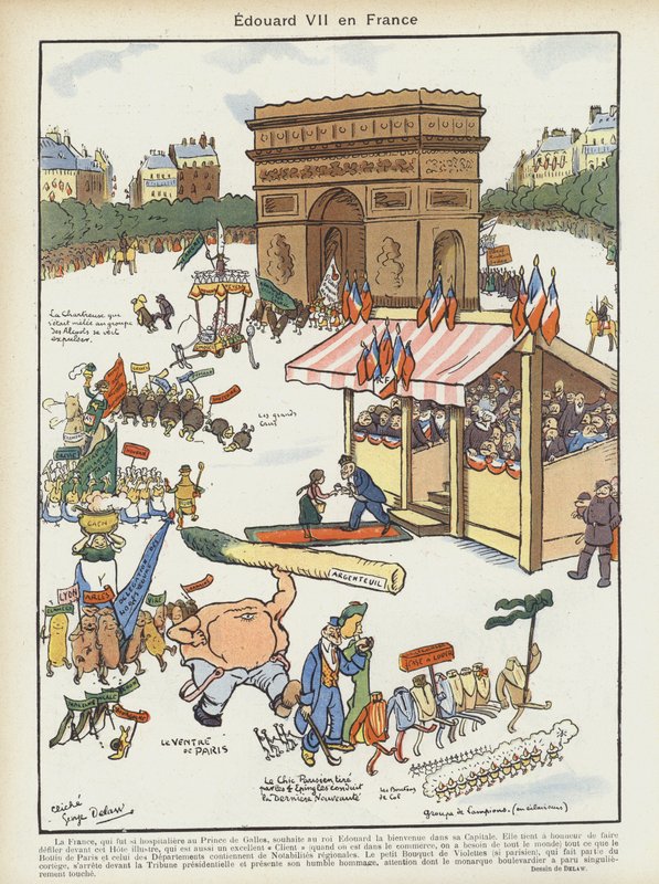 Bezoek van koning Edward VII aan Frankrijk. Illustratie voor Le Rire door Georges Delaw