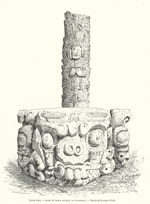 Maya uitgehouwen stenen altaar en idool uit Guatemala (gravure) door Georges Ernest Profit