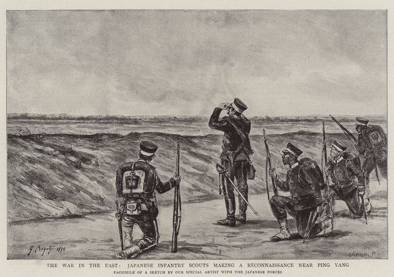 De oorlog in het oosten, Japanse infanteriescouts die een verkenning uitvoeren nabij Ping Yang door Georges Ferdinand Bigot
